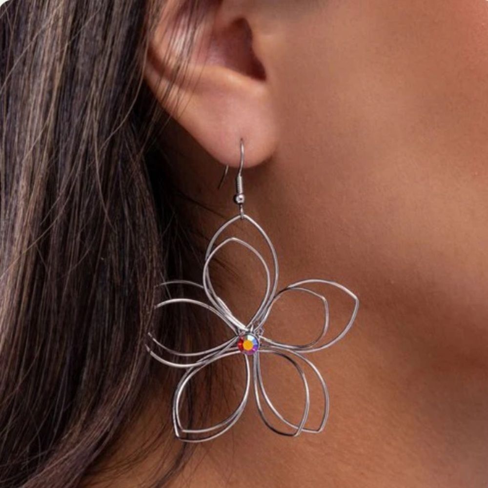 Paparazzi Wiry Whisper Floral Rhinestone Earrings Silver Large Shepard Hook New